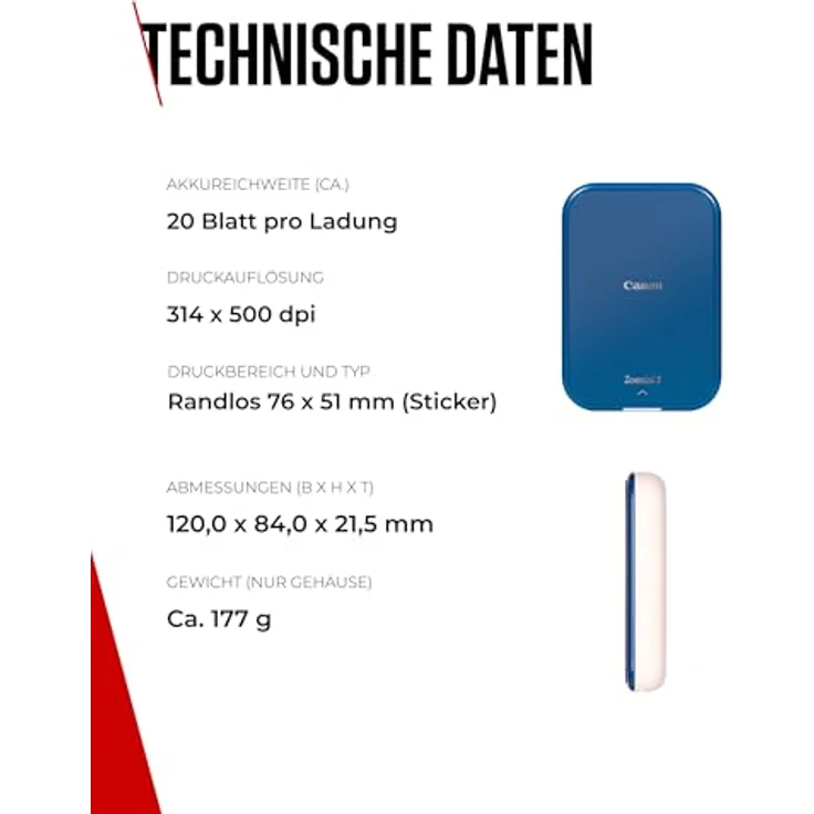Canon Zoemini 2 Mini Fotodrucker mobil tragbar unterwegs Hosentasche Printing KIT (Fotodruck 5x7,6 cm, Smartphone + Tablet, eingebauter Akku) Marineblau [+ 20er Zink Druck-Set + 10er Circle Sticker] – Bild 7
