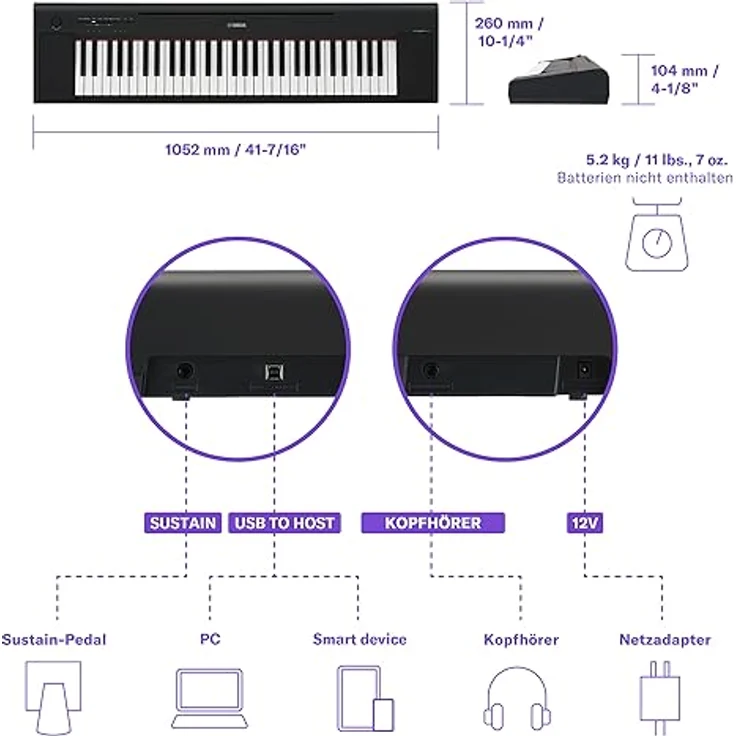 Yamaha Piaggero NP-15WH, Home-Keyboard mit 61 anschlagdynamischen Tasten, weiß, inkl. Netzteil und Notenhalter – Bild 6