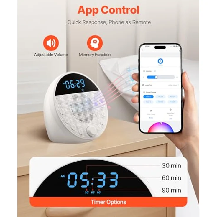 VEVOR Einschlafhilfe White Noise Machine, 18 Musiktitel, 7-farbiges Nachtlicht, 6-in-1-Soundmaschine mit zwei Alarmen, APP und automatischem Abschalttimer – Bild 5