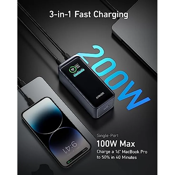 Anker Prime Powerbank A1336, 20.000mAh externer Akku mit 200W Leistung, Digitales Display, 2X USB-C und 1x USB-A Port, Kompatibel mit iPhone 14/13 Serie, Samsung, MacBook, Dell, und mehr, Schwarz – Bild 2