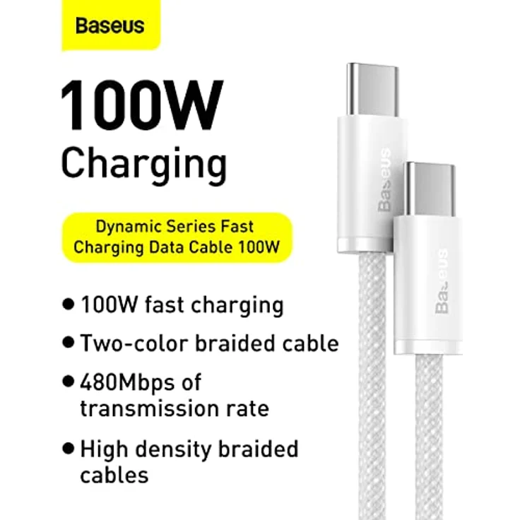 Baseus Dynamic Series USB-C auf USB-C 100W 1m Schnellladekabel, Weiß, hohe Übertragungsgeschwindigkeit bis 480 Mbit/s, langlebiges Nylon-Design – Bild 6