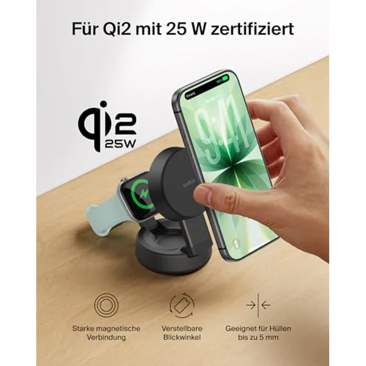 Belkin UltraCharge Pro MagSafe Ladegerät, 2-in-1 Induktive Ladestation mit Qi2.2, 25W Schnellladung für iPhone 17 und Apple Watch Series 10, inkl. 45-W-Netzteil – Schwarz – Bild 5