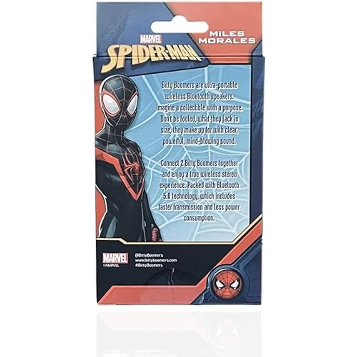 Bitty Boomers Marvel Spiderman Miles Morales, Mini Bluetooth Lautsprecher mit 5,1 cm Höhe, Bluetooth 5.0, 9 m Reichweite, über 4 Stunden Akkulaufzeit, inkl. Gurt zur Befestigung – Bild 4