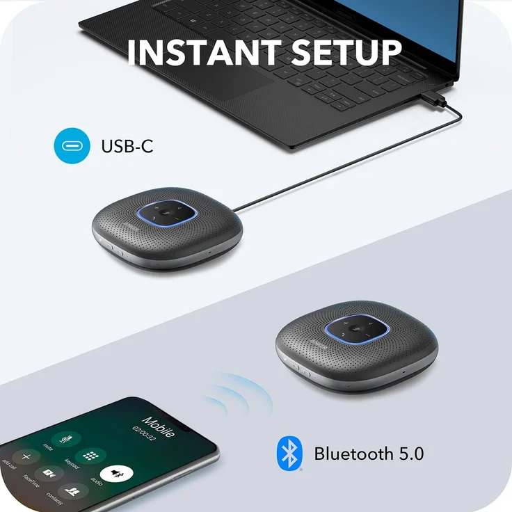 Anker PowerConf Bluetooth Konferenzlautsprecher mit 6 integrierten Mikrofonen, verbesserter Tonaufnahme, 24 St. Akku, USB-C Konnektivität, für Homeoffice (Schwarz) – Bild 6