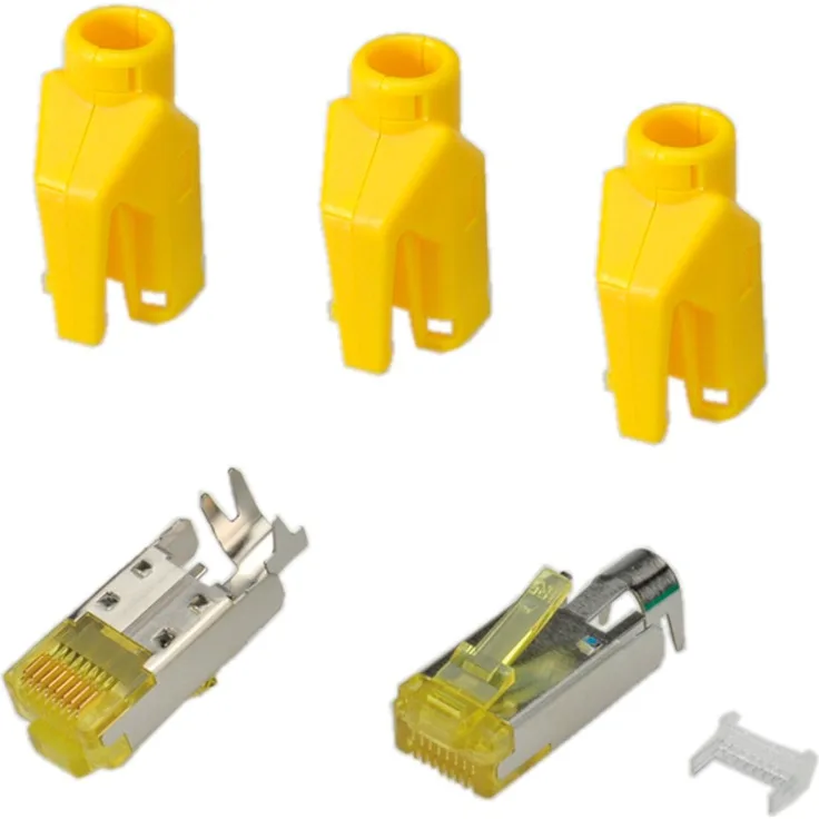 HIROSE RJ45-Hirose Stecker STP, TM31 gelb, 50 Stück, 3 Elemente, Cat.6A Channel Class EA bis 500 MHz (Cat.6A) für LitzenGeschirmte AusführungAderisolierung ca. 0.9 - 1.0 mmKabeldurchmesser max. 6.6 mmDas Set besteht aus RJ-Stecker, Knickschutz