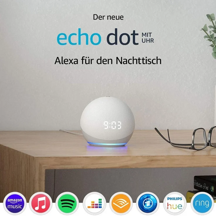 Amazon Echo Dot mit Uhr (4. Generation) Smart Clock für den Nachttisch, mit Alexa, Weiß – Bild 6