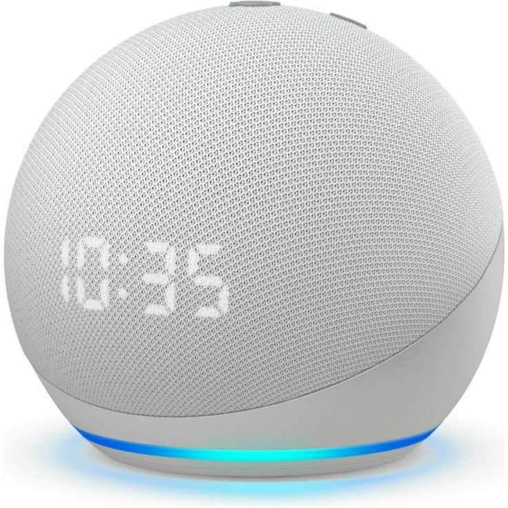 Amazon Echo Dot mit Uhr (4. Generation) Smart Clock für den Nachttisch, mit Alexa, Weiß – Bild 1