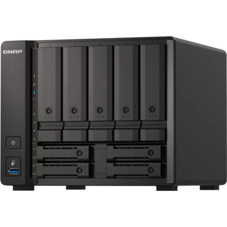 QNAP 9-bay NAS AMD Ryzen V1500B 32GB DDR4 SODIMM 5x6.35cm 2.5 Zoll-8.89cm 3.5 Zoll SATA 6Gbps + 2x6.35cm 2.5 Zoll U.2 NVMe PCIe Gen3 x4 – Bild 1