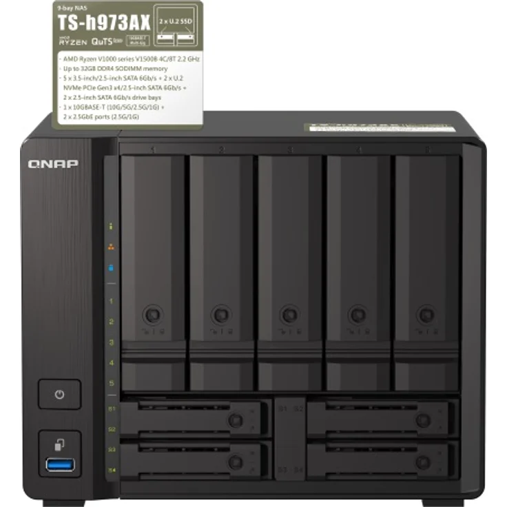 QNAP 9-bay NAS AMD Ryzen V1500B 8GB DDR4 SODIMM 5x6.35cm 2.5 Zoll-8.89cm 3.5 Zoll SATA 6Gbps + 2x26.35cm 2.5 Zoll U.2 NVMe PCIe Gen3 x4 – Bild 4