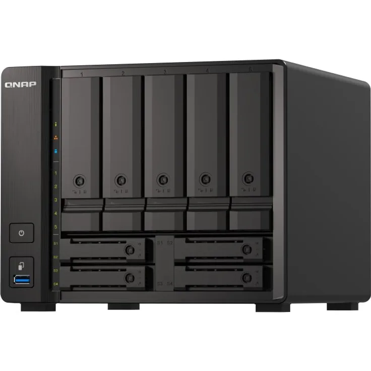 QNAP 9-bay NAS AMD Ryzen V1500B 8GB DDR4 SODIMM 5x6.35cm 2.5 Zoll-8.89cm 3.5 Zoll SATA 6Gbps + 2x26.35cm 2.5 Zoll U.2 NVMe PCIe Gen3 x4