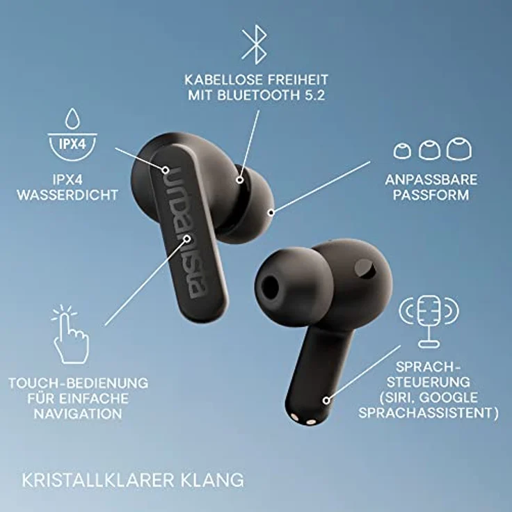 Urbanista Phoenix Solar Powered In Ear Bluetooth Kopfhörer Noise Cancelling, Hybrid ANC, Unendliche Spielzeit, Multipoint Earbuds, Ladecase kabellos und selbstaufladend mit Licht, Mitternachtsschwarz – Bild 4