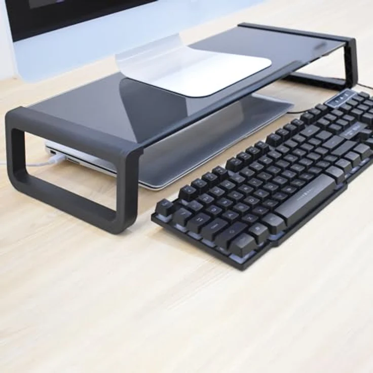 SVITA ANSAN Monitorständer Monitorerhöhung Schreibtisch Computertisch Glas Schwarz - Platzsparende Bildschirmerhöhung mit großer Stauraum und stabilem Design – Bild 4