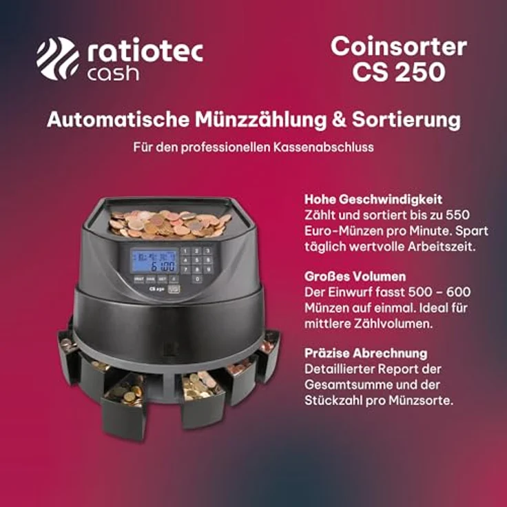 ratiotec Münzzähl- und Sortiermaschine CS 250, 550 Münzen/Min, LED-Display, 8 Hartgeldfächer, robustes Kunststoffgehäuse – Bild 3