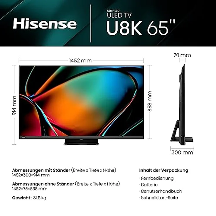 Hisense 65U8KQ Mini LED 4K ULED Smart TV - 164 cm (65 Zoll) Dolby Vision IQ & Atmos, 120Hz Panel, Game Mode Pro, UHD AI Upscaler, HDR10+, Bluetooth, Apple AirPlay, Alexa, anthrazit [2023] – Bild 2