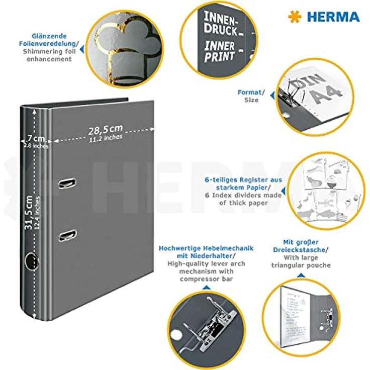 HERMA Aktenordner A4 Karton Kitchen 2022, bedruckter Ringbuchordner mit Goldfolienveredelung und Innentasche, 70 mm Rückenbreite, ohne Griffloch – Bild 7
