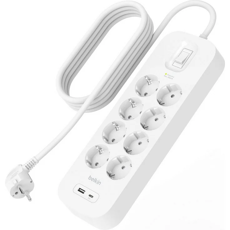 Belkin 8-Fach Steckdosenleiste mit USB-A + USB-C Port, 900J, 18 W, 2 Meter - Weiß