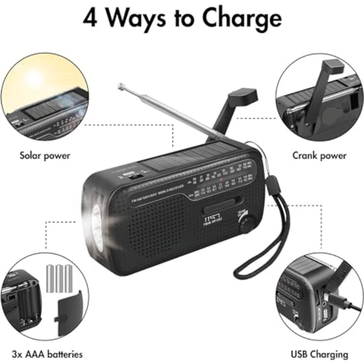 LogiLink Notfallradio 4-in-1, AM/FM, Handkurbel, Solarpanel, Powerbank-Funktion, LED-Taschenlampe, 1200 mAh Akku – Bild 5