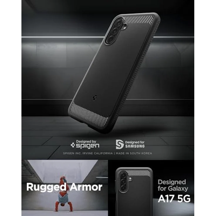 Spigen Rugged Armor Hülle für Samsung Galaxy A17 4G/5G - Fallschutz in Militärqualität, Karbonfaser Akzente, Matte Black – Bild 2