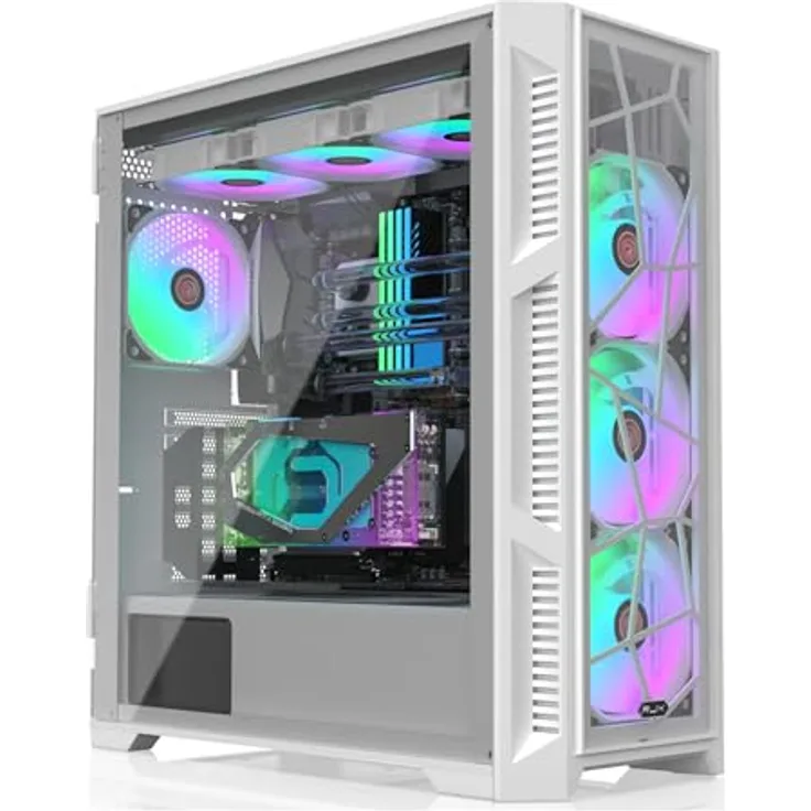 RAIJINTEK PONOS Ultra White TG4 E-ATX Mid Tower PC-Gehäuse, Öffnung aus gehärtetem Glas, Seitenwand aus gehärtetem Glas, vorinstallierte 4 ARGB-Lüfter, Weiß (0R20B00227)