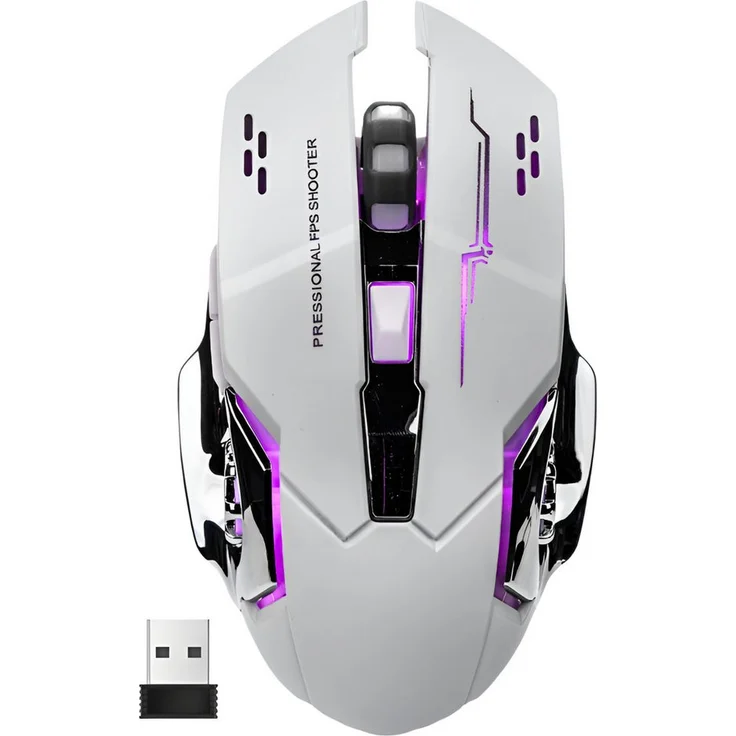S&T Design Kabellose RGB Gaming Maus, Wireless USB Maus mit 2400 DPI, 7 Tasten, extrem leise, Schwarz Weiß