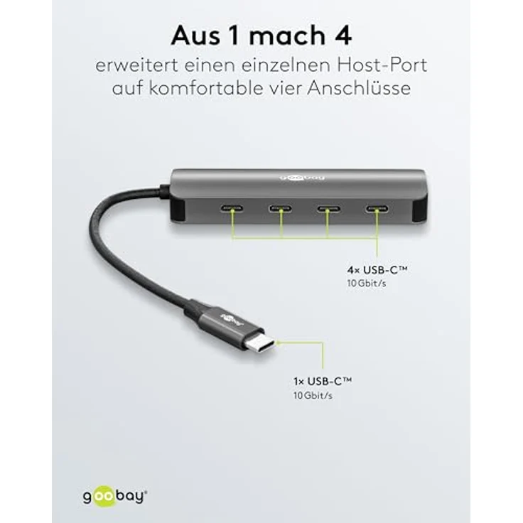 goobay USB-C Hub 10Gbit/s, 4-Port USB 3.2 Gen 2 Datenhub mit 4X USB-C Anschlüssen und Aluminium-Gehäuse für MacBook, Laptop, NVMe SSDs und mehr - 76565 – Bild 3