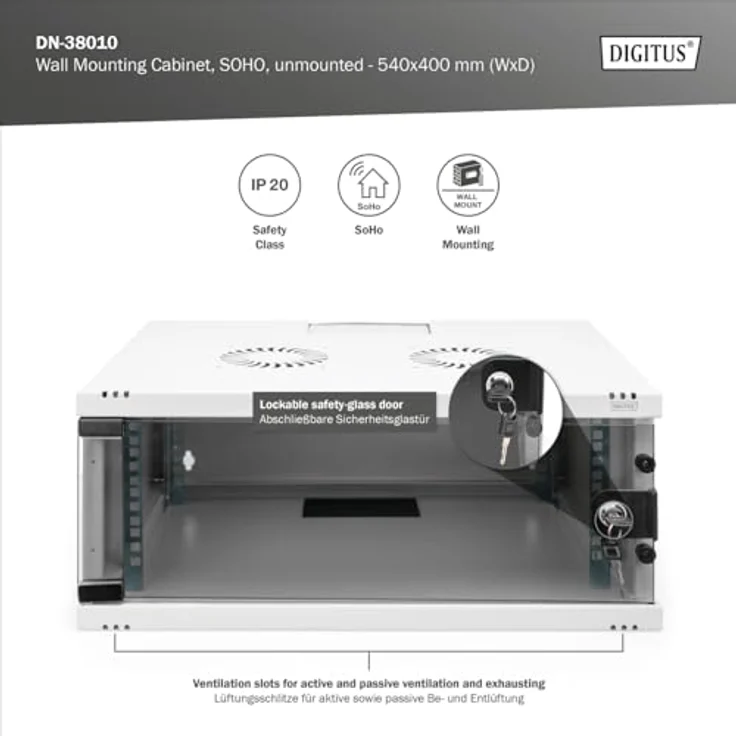 DIGITUS Netzwerkschrank - 19-Zoll Rack 4 HE - Unmontiert - Wandmontage - 400 mm Tiefe - Traglast 60 kg - Glastür - Grau – Bild 2