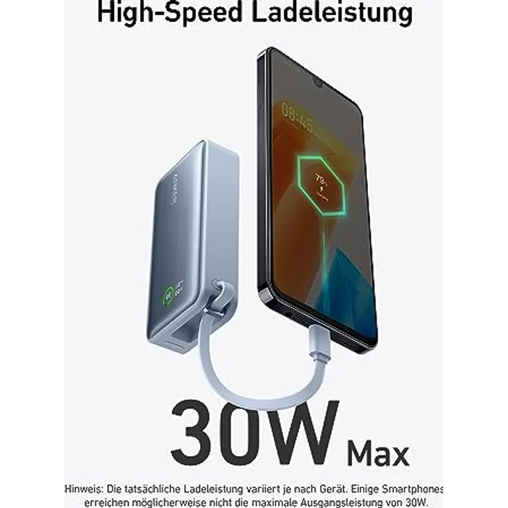 Anker Nano Powerbank,10.000mAh Powerbank mit eingebautem USB-C Kabel, PD 30W Höchstleistung mit 1x USB-C, 1x USB-A, kompatibel mit iPhone 15/14 Serie, MacBook, Galaxy, iPad, AirPods und mehr(Blau) – Bild 2