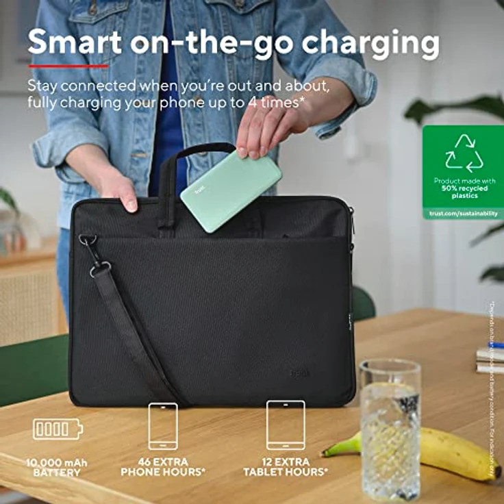 Trust Mobile Primo Dünne Powerbank Schnellladefunktion 10000 mAh, Nachhaltig, USB C Externer Akku, Tragbares Ladegerät 3A, Power Bank Handy, Smartphone, iPhone, iPad, Samsung, Xiaomi - Grün – Bild 2