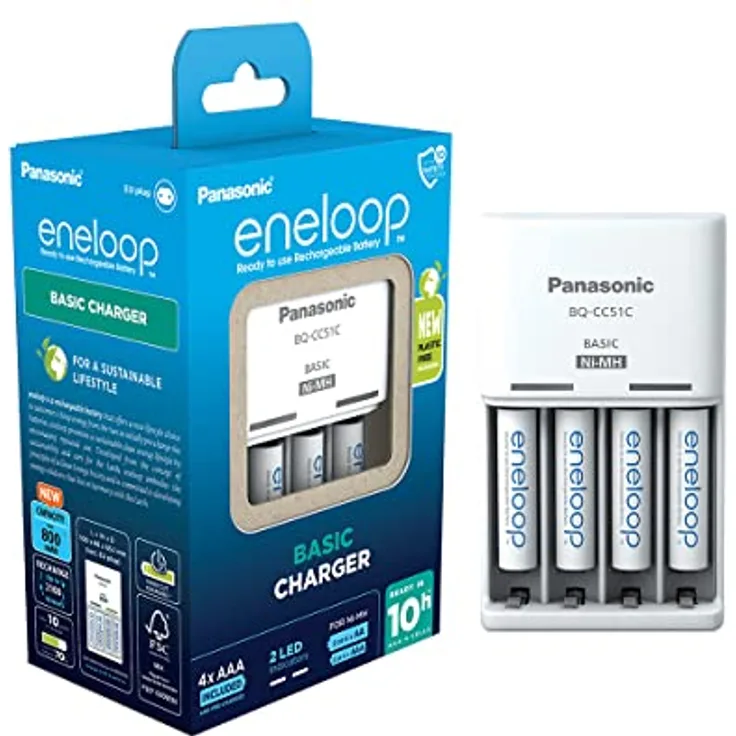 Panasonic eneloop Basic Ladegerät für 2 oder 4 AA/AAA NI-MH-Akkus, mit 2 LED-Anzeigen und 6 Sicherheitsfunktionen, inkl. 4 eneloop AAA/Micro-Akkus, verbesserte Kapazität von min. 800 mAh, Blue