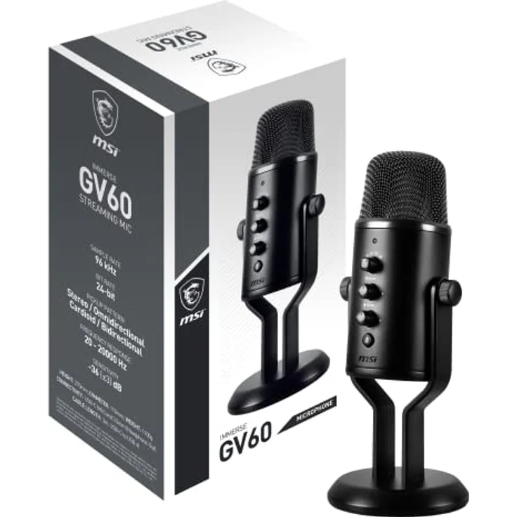 MSI Immerse GV60 Streaming Mikrofon (96 kHz Sample Rate, 24-bit Bit Rate, 20-20.000 Hz, USB-C zu USB-A Kabel 3m, 270 x 110 x 110 mm, schwarz, 1.100 Gramm) – Bild 1