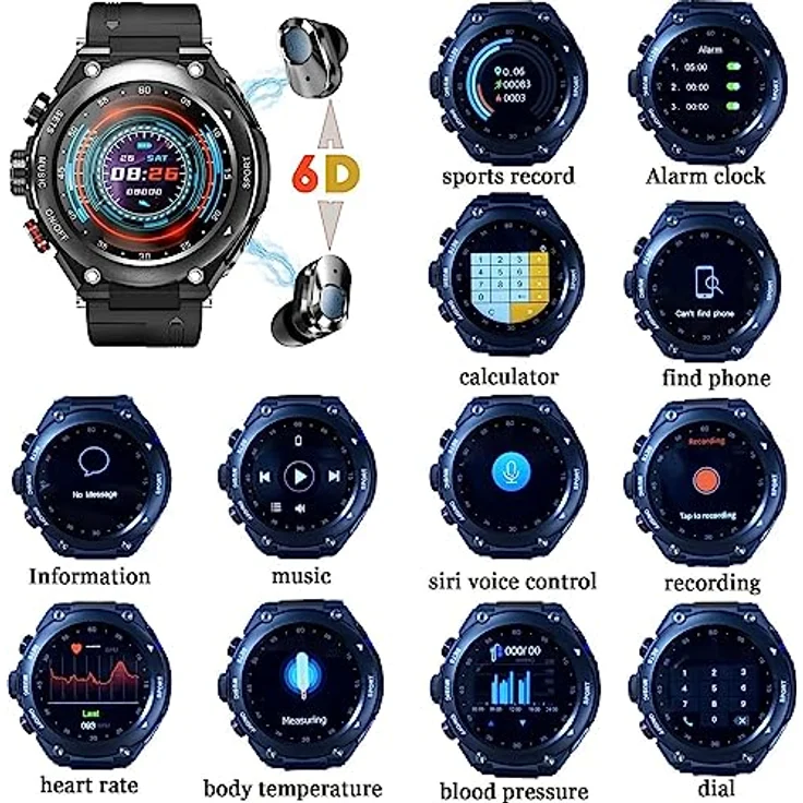 CISIYOO 2 in 1 Smart Watch mit Kopfhörer, intelligente Uhr mit integriertem Bluetooth, Lautsprecher, Fitness-Tracker, Lautsprecher, Aufnahme, Körperthermometer – Bild 2