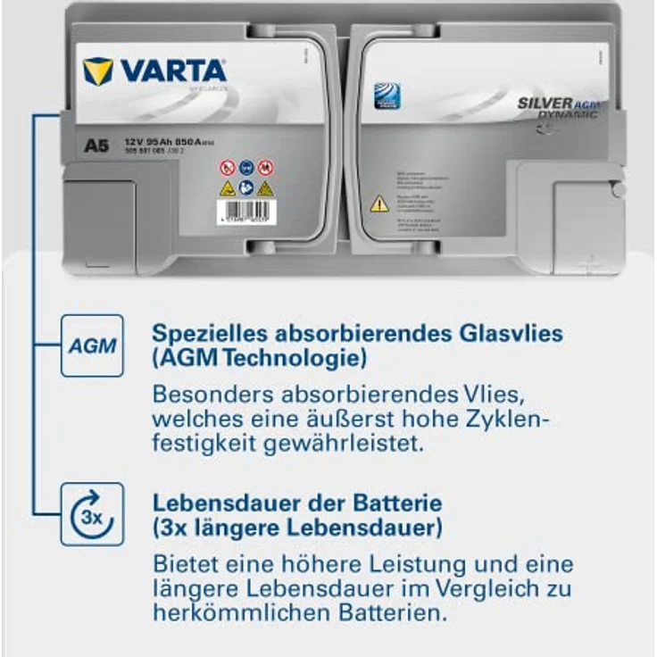 VARTA A5 Silver Dynamic AGM 12V 95Ah 850A Autobatterie für Start-Stop-Systeme, auslaufsicher und rüttelfest – Bild 6