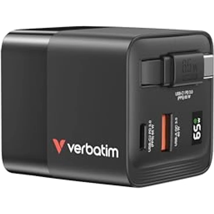 Verbatim GaN-Ladeadapter, 65W, mit einziehbarem Kabel, schwarz – Bild 1