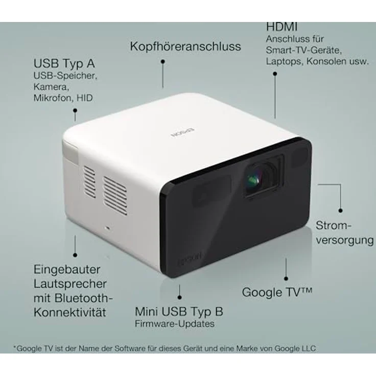Epson EpicVision EF-21W tragbarer Mini-Laserprojektor, Full-HD 1.080, 3LCD, 1.000 Lumen, bis zu 150-Zoll-Projektionsfläche, Bluetooth-Lautsprecher, Chromecast, Google TV, weiß – Bild 2