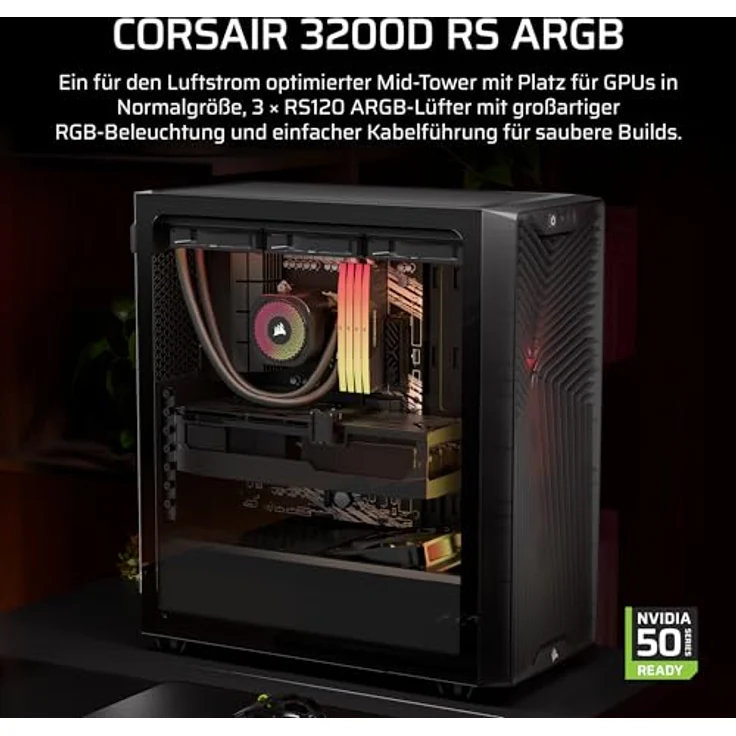 CORSAIR 3200D RS ARGB Mid-Tower ATX PC-Gehäuse, 3x RS120 ARGB PWM-Lüfter, GPU-Anti-Sag-Stabilisierungsarm, Rauchgrau – Bild 2