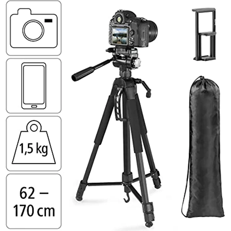 Hama Stativ Kamera Action 170 3D (Tripod mit 62-170cm Höhe, Fotostativ inkl. Handy-Halterung und Tablet-Halterung, Dreibeinstativ mit 3-Wege-Kopf, Spiegelreflexkamera Stativ mit Tasche) Schwarz – Bild 2
