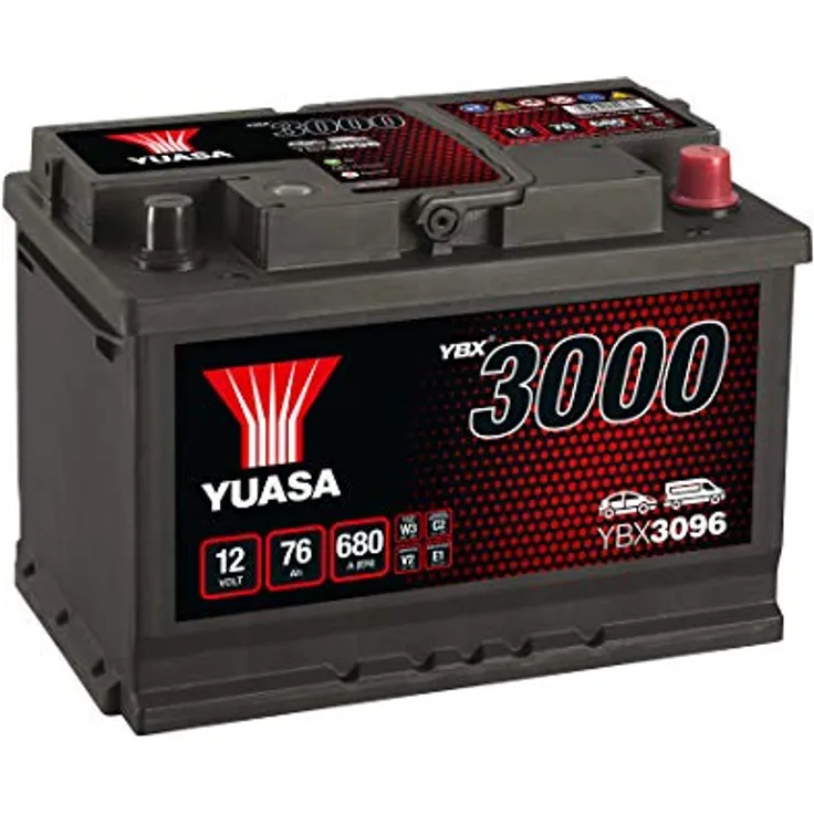 Yuasa SMF YBX3096 Autobatterie 75Ah, Poltyp T1, mit Ladezustandsanzeige und integrierten Tragegriffen