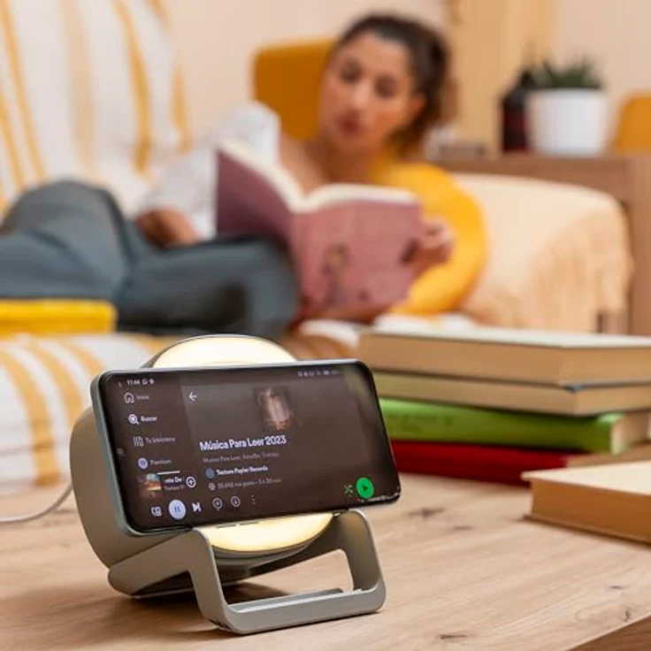 InnovaGoods 4 in 1 Kabelloses Ladegerät mit LED-Lampe, Bluetooth Lautsprecher, Induktionsladung 10W, Touch-Steuerung, rutschfest, Grau – Bild 4