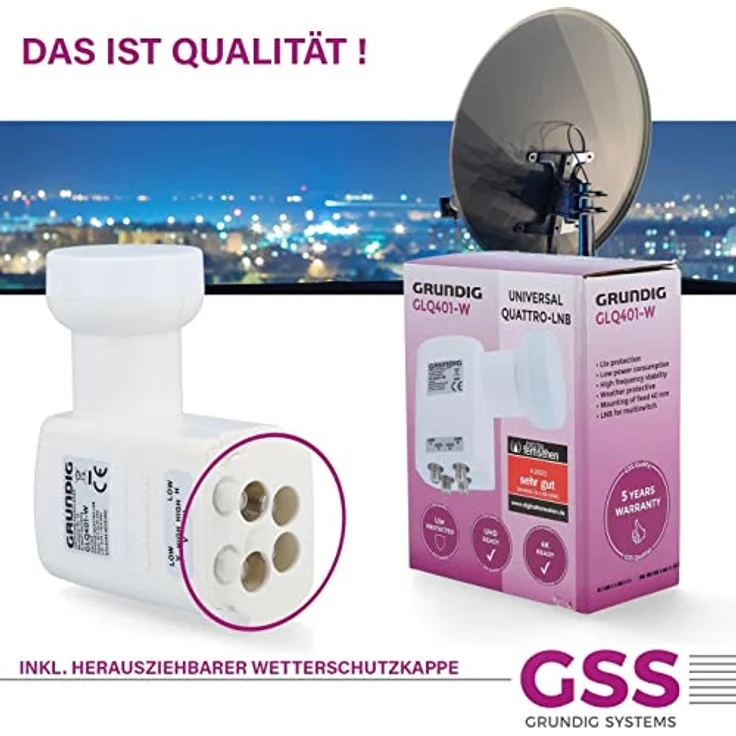 [Test SEHR GUT *] GSS Quattro LNB Weiss für Multischalter, Multiswitch geeignet - mit LTE Filter - Sat, Satelliten, Full HD, HDTV, UHD 4K, 0.1dB, LMB, Wetterschutz, extrem kälte- & hitzebeständig – Bild 5