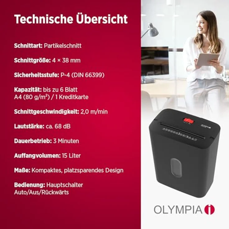 OLYMPIA PS 53 CC Pro Aktenvernichter, Partikelschnitt P-4, 4 x 38 mm, geeignet für bis zu 6 Blatt, schwarz mit 15,0 l Auffangbehälter – Bild 6