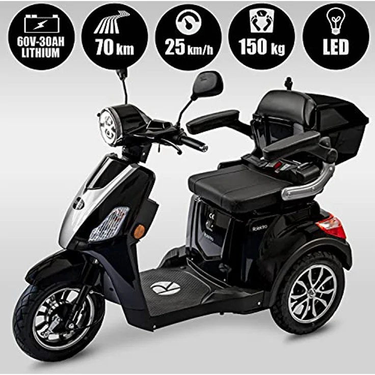 Rolektro E-Trike 25 V.3 Pro Dreirad Schwarz - 1000W Elektromobil - 70km Reichweite - herausnehmbarer Lithium Akku - Seniorenmobil mit Straßenzulassung – Bild 2