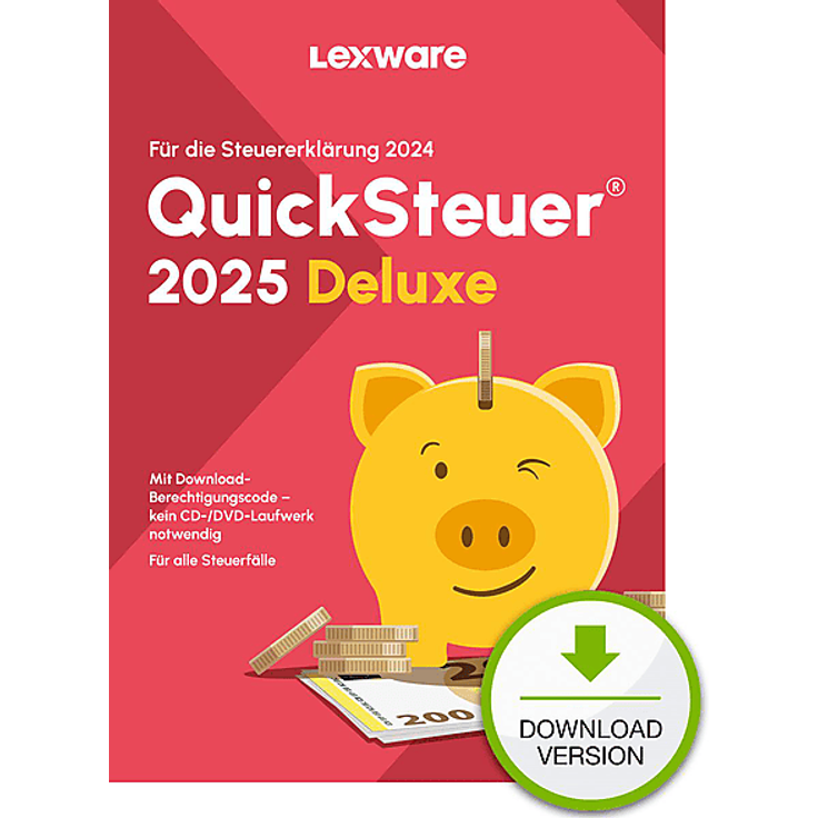 LEXWARE QuickSteuer Deluxe 2025, Steuersoftware für das Steuerjahr 2024, Vollversion (Download-Link) für PC mit ELSTER-Schnittstelle und umfangreichen Steuer-Spar-Tipps