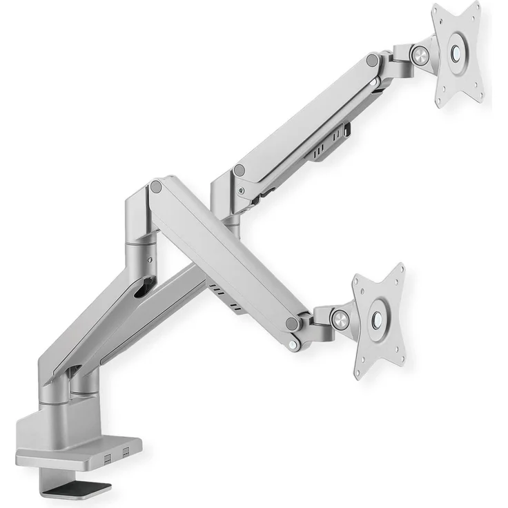 Roline LCD-Doppelarm Monitor Halterung, Tischmontage mit Gasfeder, 5 Gelenke, für 32" Bildschirm, VESA 75/100, Silber