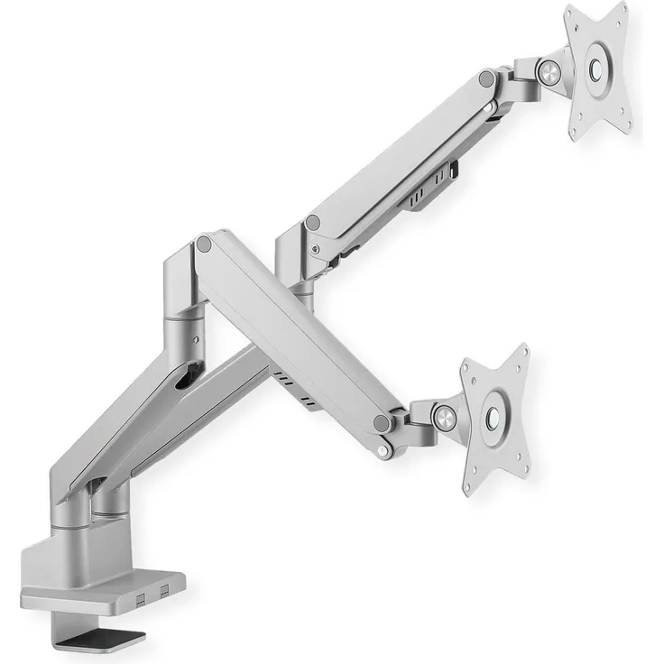Roline LCD-Doppelarm Monitor Halterung, Tischmontage mit Gasfeder, 5 Gelenke, für 32" Bildschirm, VESA 75/100, Silber
