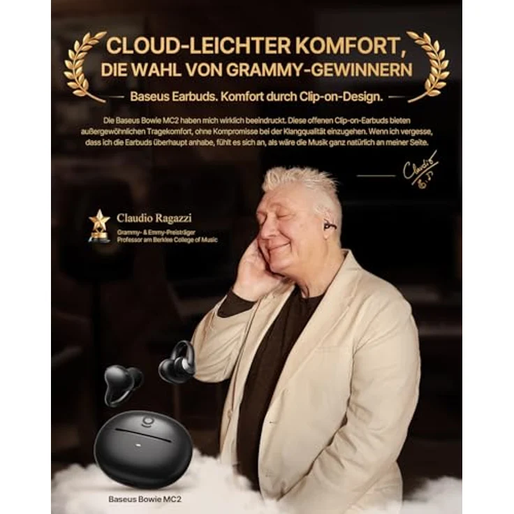 Baseus Bowie MC2 Open Ear Kopfhörer, Clip-On Earbuds mit Hi-Res-Audio, IP67 wasserdicht, 11,5 Stunden Akkulaufzeit, grau – Bild 4