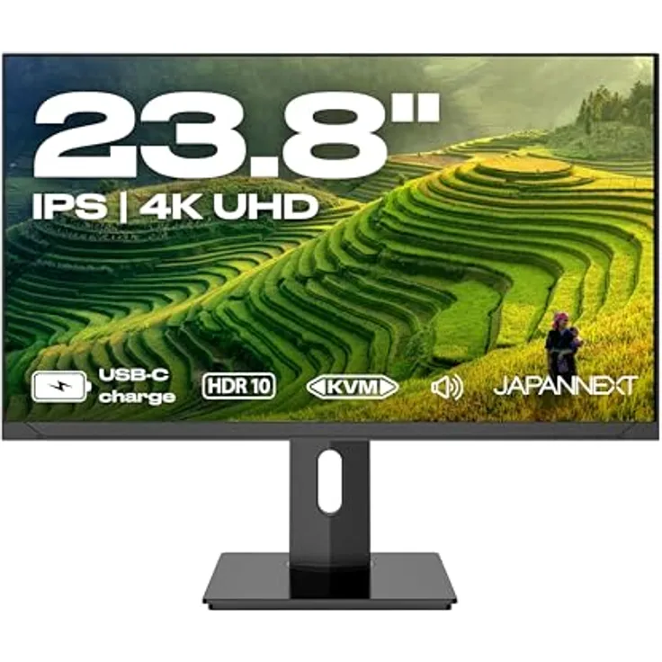 JapanNext JN-IPS2380UHDR-C65W-HSP, 23,8" IPS 4K UHD Monitor mit USB-C-Laden (65W), Höhen- & Neigungsverstellbar, integrierten Lautsprechern, 100% sRGB, G-Sync/FreeSync, 2 Jahre Garantie