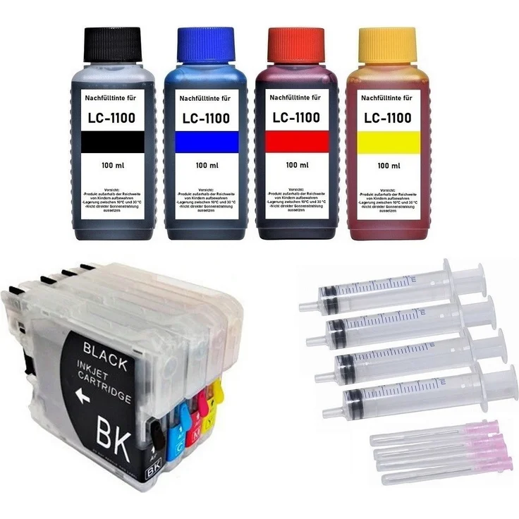 inkpro nachfüllbare Druckerpatronen LC-980, LC-1100, 400 ml Premium Nachfülltinte, schwarz, cyan, magenta, gelb