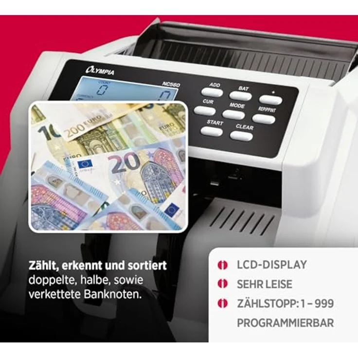 Olympia NC 560 Geldzählmaschine, Gemischtwertzähler für unsortierte Banknoten mit Falschgeldprüfer, 1000 Noten/Min, LCD Display, kompakt, inkl. Anschlüssen für externes Display und Drucker – Bild 3