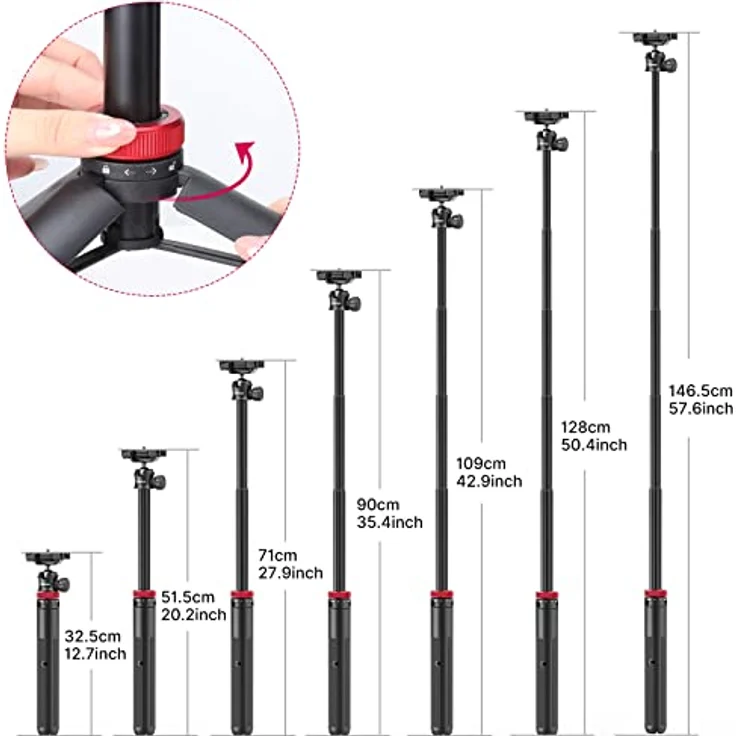 ULANZI MT-44 Selfie Stick Stativ für Telefon und Kamera, max. 146 cm ausziehbar, schwarz/rot, mit Kaltschuhhalterung und vielseitigem Aufnahmewinkel – Bild 3