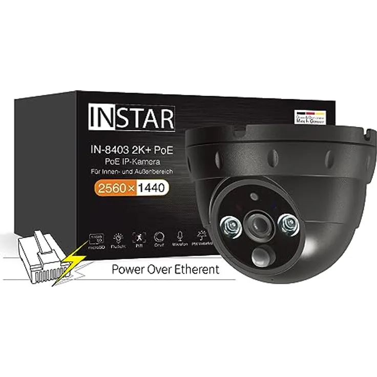 INSTAR IN-8403 2K+ PoE schwarz - LAN/PoE Überwachungskamera mit KI (AI) - IP Kamera - Power Over Ethernet - PIR - Nachtsicht - Verwendung im Innen- und Außenbereich - HomeKit - MQTT